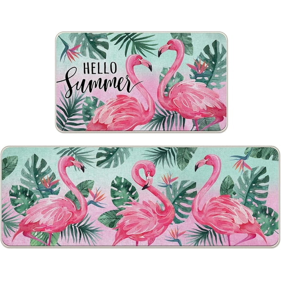 Hello Summer Flamingo Kitchen Rugs Set of 2, Tropical Palm Leaves Monstera Kitchen Mats Decor, Hawaii Plant Seasonal Floor Door Mat Home Decorations -17x30 and 17x47 Inch