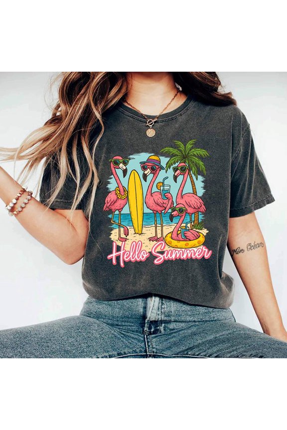 Hello Summer Flamingo Shirt, Tropical Beach Tee, Funny Vacation Animal T-Shirt, Cute Gen Z Summer Aesthetic Tee, Tropical Vibes Shirt