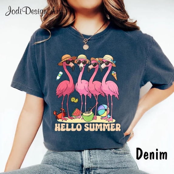 Hello Summer Flamingo T-shirt, Funny Summer, Summer Girly, Beach T-shirt, Vacation T-shirt, Pink Summer, Tropical Flower T-shirt.