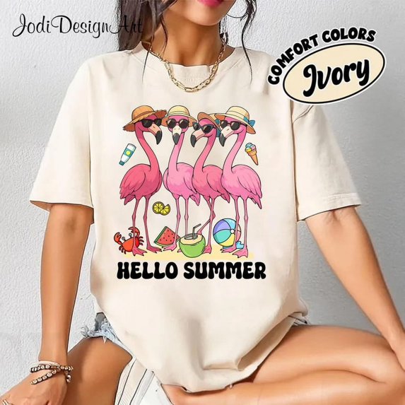 Hello Summer Flamingo T-shirt, Funny Summer, Summer Girly, Beach T-shirt, Vacation T-shirt, Pink Summer, Tropical Flower T-shirt.