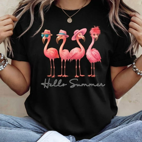 Hello Summer Flamingo T-shirt, Funny Summer, Summer Girly, Beach T-shirt, Vacation T-shirt, Pink Summer, Tropical Flower T-shirt.