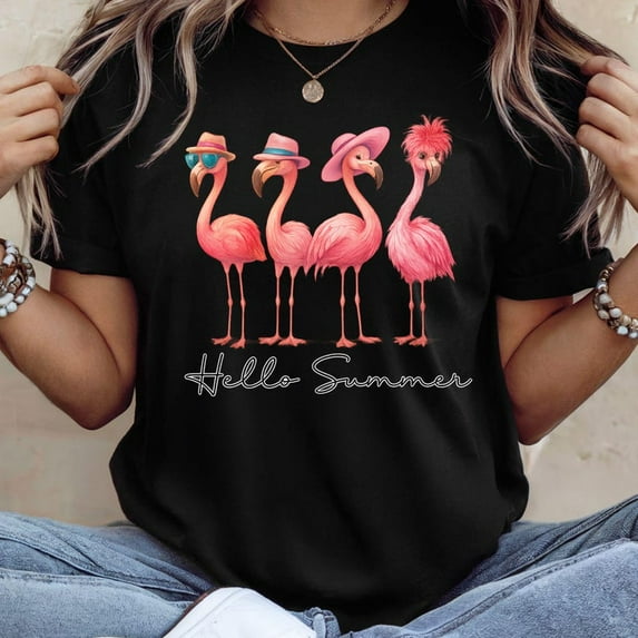 Hello Summer Flamingo T-shirt, Funny Summer, Summer Girly, Beach T-shirt, Vacation T-shirt, Pink Summer, Tropical Flower T-shirt.