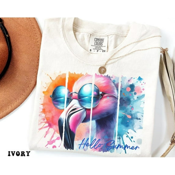Hello Summer Flamingo T-shirt, Hello Summer T-shirt, Retro flamingo T-shirt, Cute Flamingo T-shirt, Tropical Animal T-shirt.