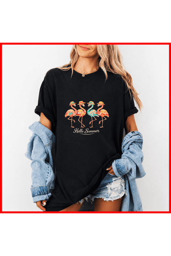 Hello Summer Flamingo Tropical Cute Bird Graphic Retro Unisex T-Shirt, up to size 5XL