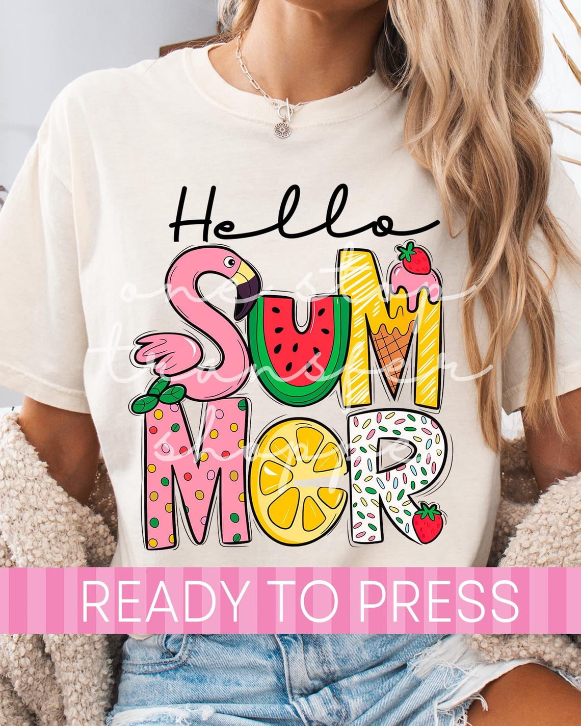Hello Summer Flamingo Watermelon Heat Transfer Design, Ready to Press Shirt Graphic, Summer Craft Transfer