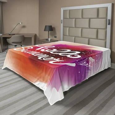 Hello Summer Flat Sheet, Cursive Typography with Outline Tasty Ice Cream Blurred Watercolor Stain, Soft Comfortable Top Sheet Decorative Bedding 1 Piece, 6 Sizes, Multicolor, by Ambesonne