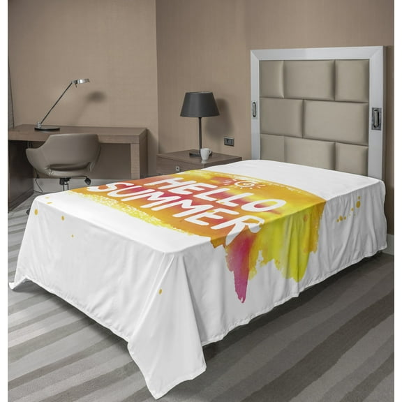 Ambesonne Saying Flat Sheet, Sun Pattern Hello Summer, Twin Size, Orange Yellow