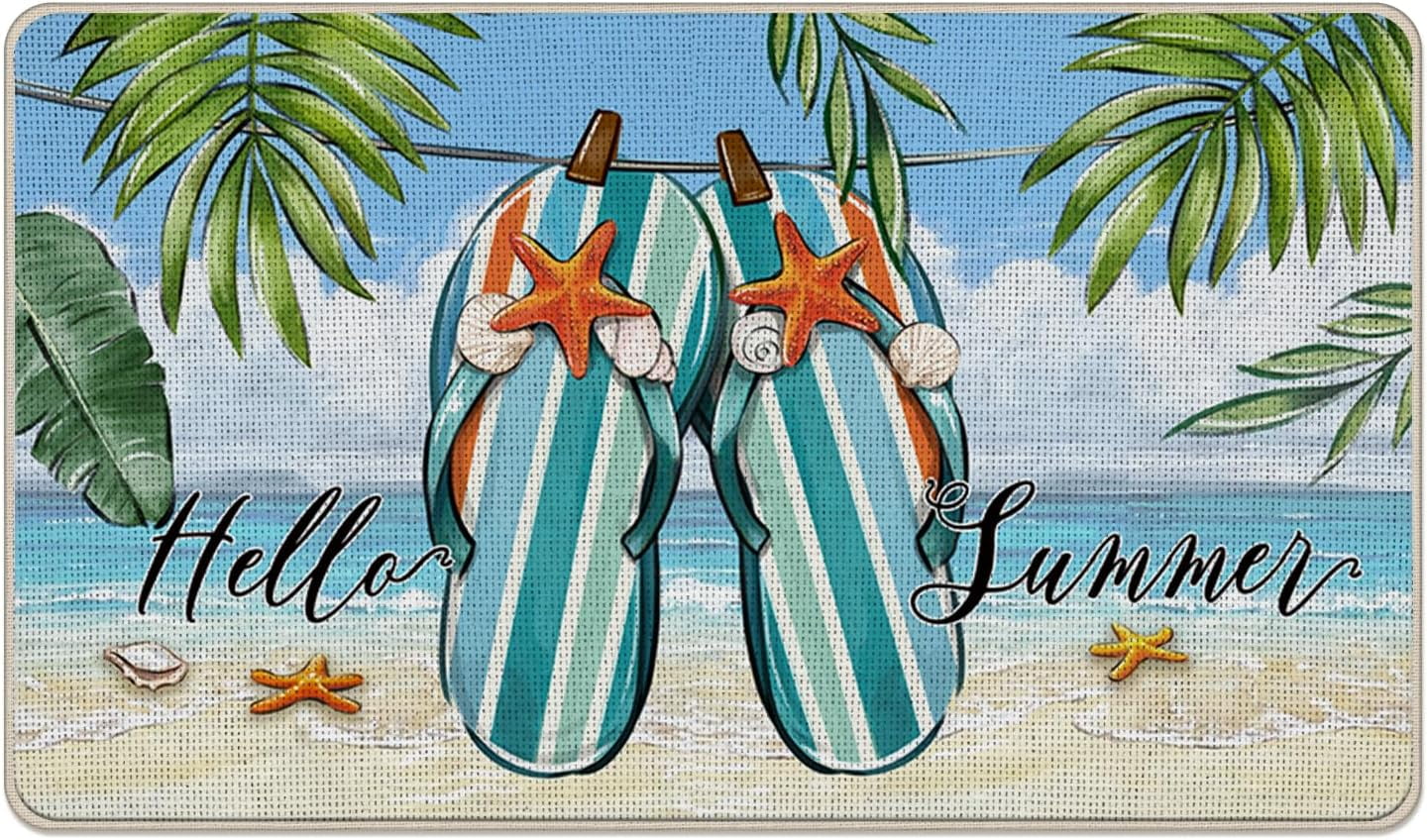 Hello Summer Flip Flops Decorative Front Door Mat, Beach Coastal Tropical Doormat Indoor Outdoor Non-Slip Floor Entryway Rug, Hawaii Palm Leaves Nautical Home Kitchen Decoration 17x30 Inch