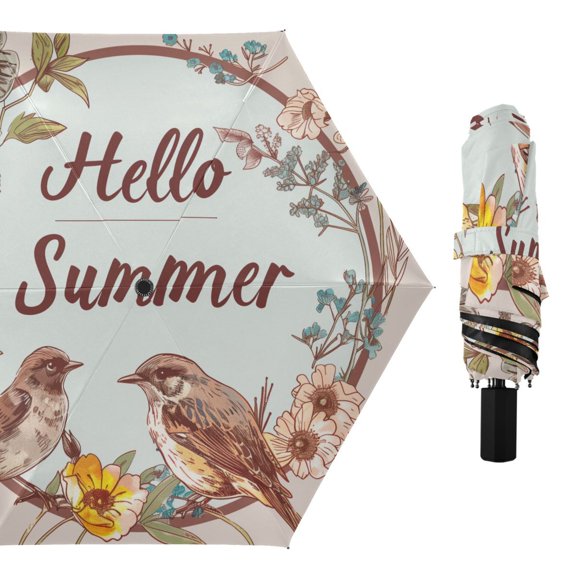 Hello Summer Flower Bird Butterfly Compact Sun Umbrella Windproof Travel Umbrellas for Rain Strong Portable UV Protection