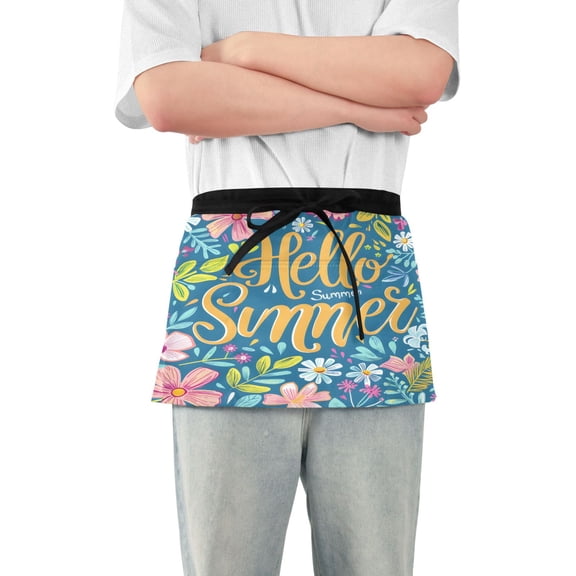 Hello Summer Flower Server Apron with 3 Pockets Waterproof Waitress Waist Short Apron for Man Woman 12 Inches
