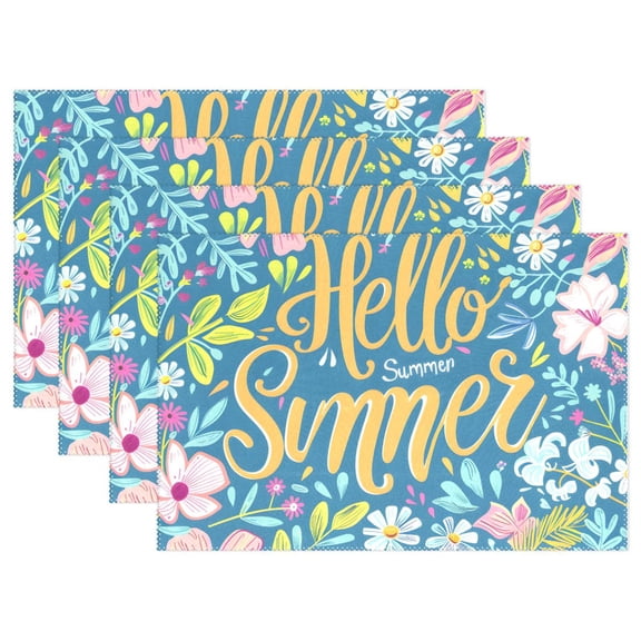 Hello Summer with Flowers 12×18 inch Placemats Heat Resistant Washable Foldable Rectangular Placemats Set Decoration Indoor Outdoor for Kitchen Dining Table 6PCs