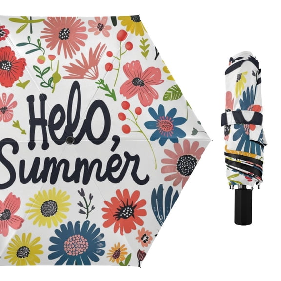 Hello Summer Flowers Compact Sun Umbrella Windproof Travel Umbrellas for Rain Strong Portable UV Protection