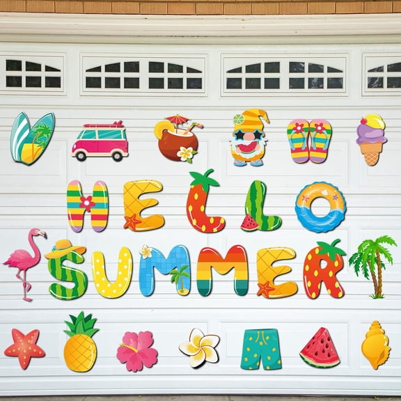 Hello Summer Fridge Magnets 26 Pack Tropical Beach Decorative Refrigerator Magnet Set Letters Palm Tree Flamingo Watermelon Soft Magnetic Stickers For Garage Door Kitchen RV Car Summer Vacation Decor