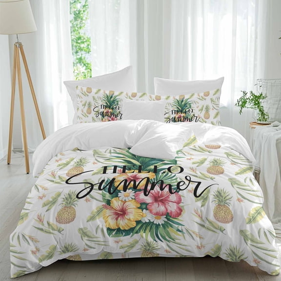 Hello Summer Full Size Comforter Set, Pineapple Red Flower Tropical Fruit Abstract Bedding for All Seasons, 4 Pcs Bed Set, 1Quiltcover (86"x86") ,1Sheet(80"x116"), 2Pillowcases (30"x20")