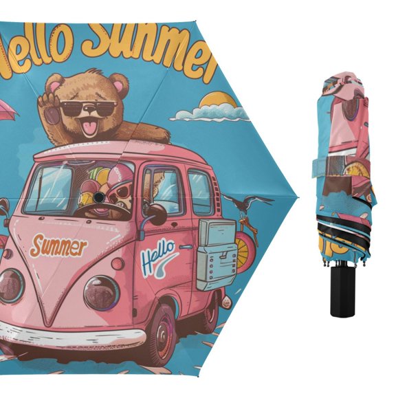 Hello Summer Funny Bear Compact Sun Umbrella Windproof Travel Umbrellas for Rain Strong Portable UV Protection