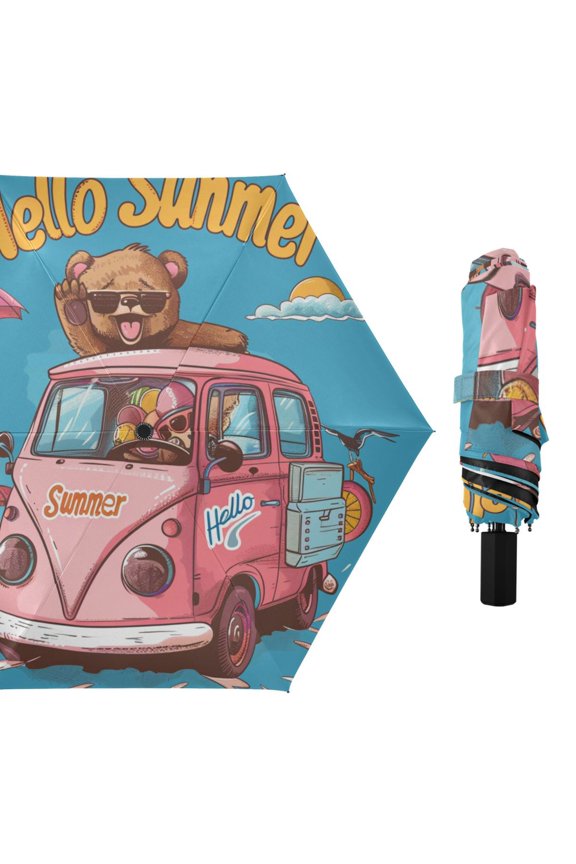 Hello Summer Funny Bear Compact Sun Umbrella Windproof Travel Umbrellas for Rain Strong Portable UV Protection