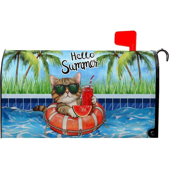 Hello Summer Funny Cat Mailbox Covers Magnetic Tropical Plants Watermelon Mailbox Cover Standard Size 21 x 18 Inch Beach Coastal Mail Box Wraps for Farmhouse Garden Yard Decor