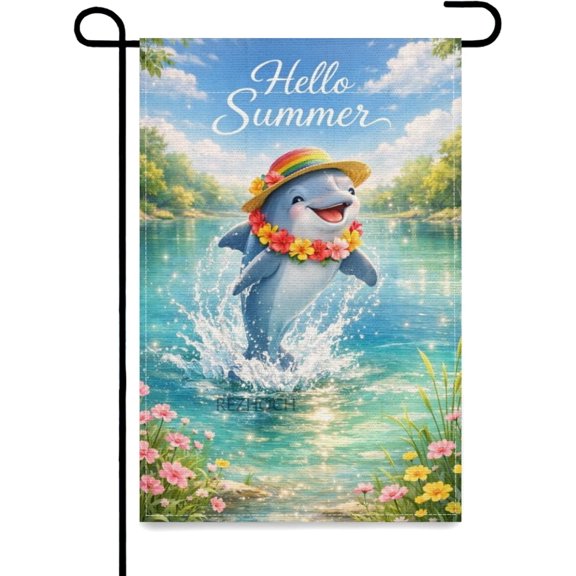 Hello Summer Funny Dolphin Garden Flag 12x18 Inch,Cute Animal in Water with Rainbow Hat,Double Sided Outdoor Seasonal Banner Outside Lawn Patio Farm Porch Yard Decor