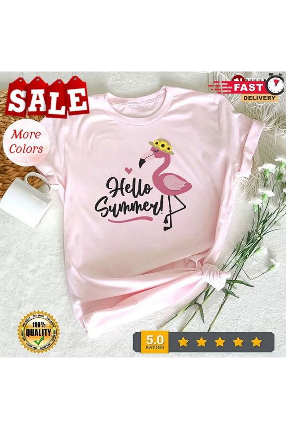 Hello Summer Funny Flamingo With Hat T-Shirt Unisex S-5XL Hot Trending Shirt, Vintage Birthday Gift