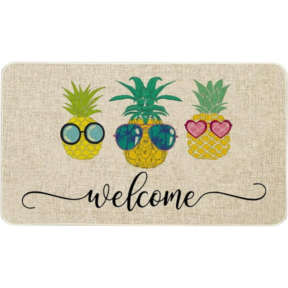 Hello Summer Funny Pineapple Doormat,Non-Slip Welcome Creative Decorative Seasonal Burlap Floor Mat Switch Mat for Indoor Outdoor 17 x 29 Inch