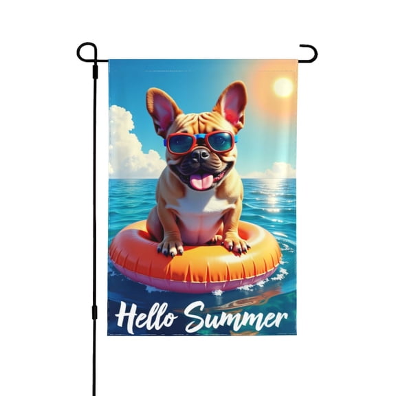 Hello Summer Garden Flag 12x18 Inch Double Sided Cute French Bulldog On Inflatable Pool Float Yard Flag Summer Beach Vacation Garden Outdoor Decoration Banner