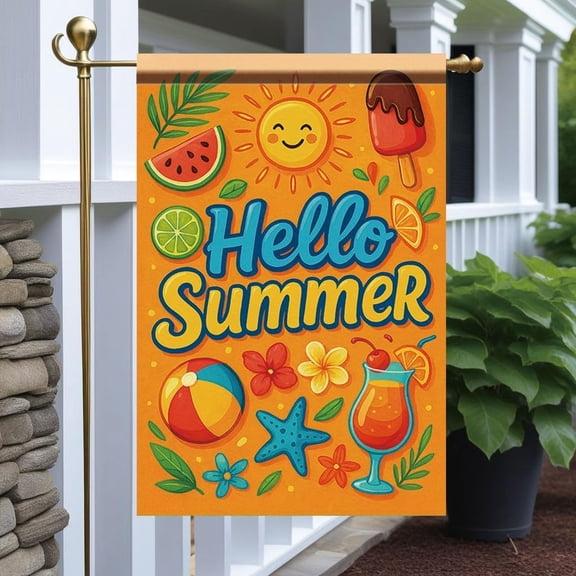 Hello Summer Garden Flag 12x18 Inch Double Sided Outdoor Yard Banner Tropical Beach Drink Design for Pool Party Patio and Summer Decoration