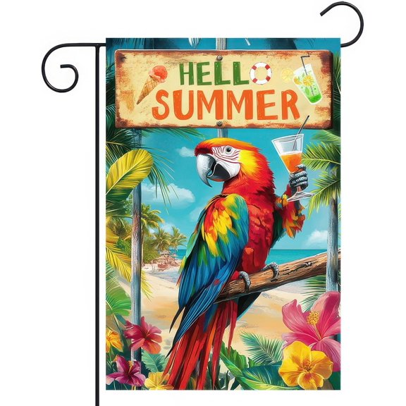 Hello Summer Garden Flag 12x18 inch Double Sided Tropical Funny Parrot Flags Beach Welcome Themed Banner Colorful Summer Outdoor Decor for Yard Patio Garden Holiday Decoration