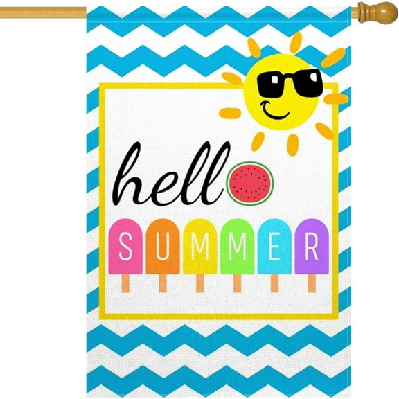Hello Summer Garden Flag Sun Blue Waves Watermelon Ice Cream Garden Flag 28x40 inch Double Sided Small Burlap Yard Flag Vertical Seasonal Farmhouse Wedding Yard Outside Decorations