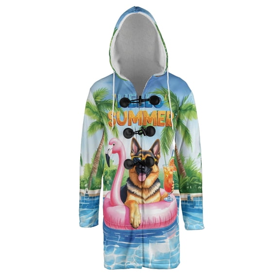 Hello Summer German Shepherd at Swimming Pool Flamingo Swim Ring All Over Print 3D Hooded Duffle Toggle Coat Alsatian Dog Lover Gifts - 12009