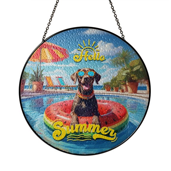 Hello Summer German Shorthaired Pointer Pool Day on Watermelon Float Stained Glass Suncatcher GSP Lover Dog Gift Window Hanging Sign Decor - 13008