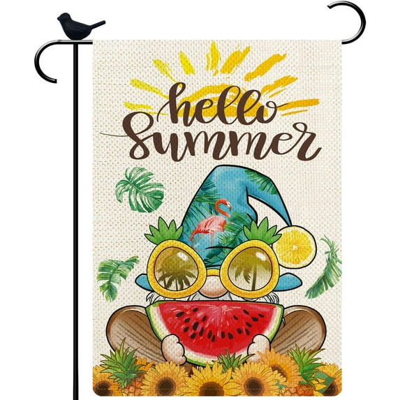 Hello Summer Gnome Garden Flag 12.5×18 Inch Double Sided Burlap Small Welcome Lemon Sunflower Watermelon banner Outside Vertical Holiday Yard Flag