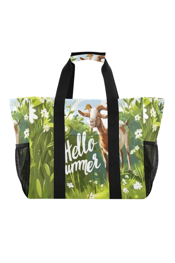 Hello Summer Goat Reusable Grocery Bags with Handle Side Pocket Waterproof Shopping Portable Tote