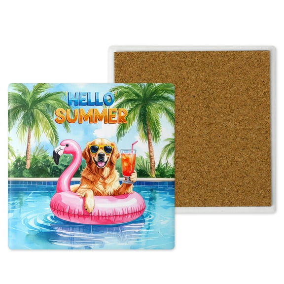Hello Summer Golden Retriever at Swimming Pool Flamingo Swim Ring Set of 4 Stone Coasters Goldens Dog Lover Gifts Idea 4x4in Absorbent Soapstone Coaster - 12009