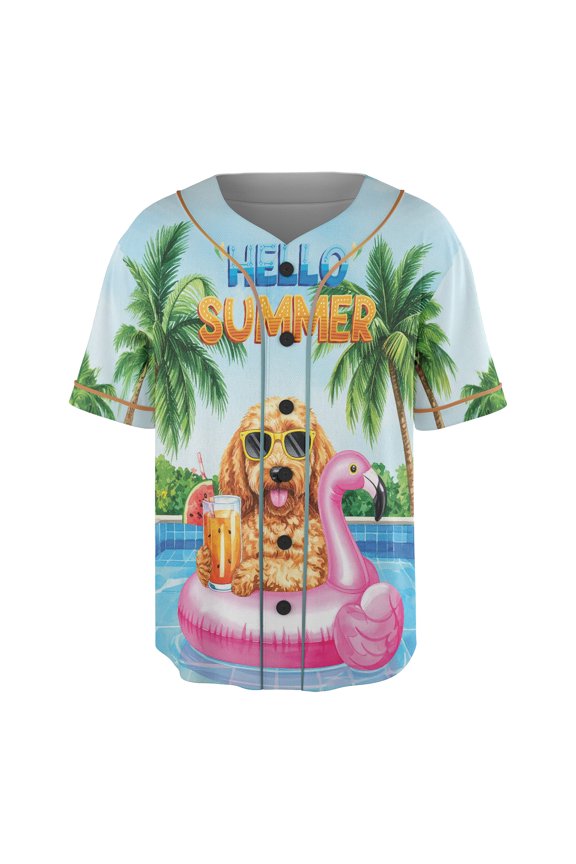 Hello Summer Goldendoodle at Swimming Pool Flamingo Swim Ring All Over Print 3D Baseball Shirt Doodle Dog Lover Gifts Idea Softball Sport - 12009