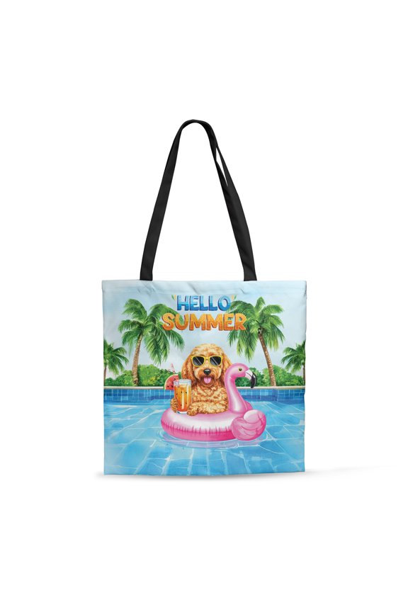 Hello Summer Goldendoodle at Swimming Pool Flamingo Swim Ring All Over Print 3D Canvas Tote Bag Doodle Dog Lover Gifts Idea Reusable Handbag - 12009