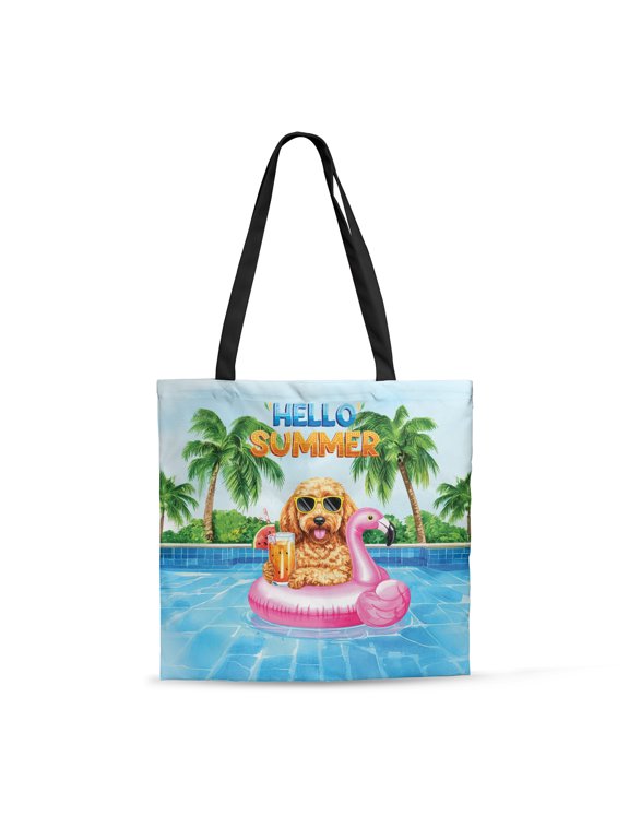 Hello Summer Goldendoodle at Swimming Pool Flamingo Swim Ring All Over Print 3D Canvas Tote Bag Doodle Dog Lover Gifts Idea Reusable Handbag - 12009