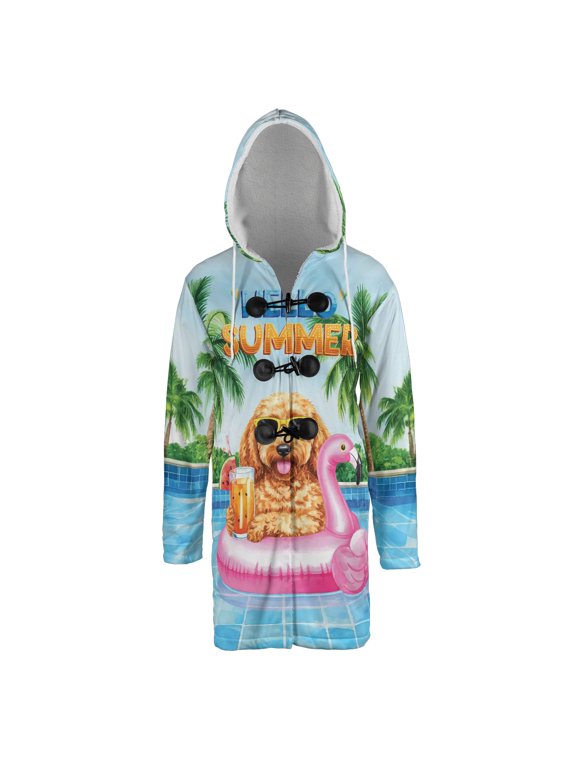 Hello Summer Goldendoodle at Swimming Pool Flamingo Swim Ring All Over Print 3D Hooded Duffle Toggle Coat Doodle Dog Lover Gifts Idea - 12009