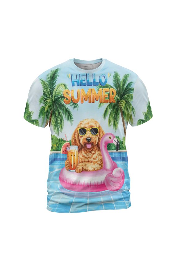 Hello Summer Goldendoodle at Swimming Pool Flamingo Swim Ring All Over Print 3D Shirt Unisex Merch Doodle Dog Lover Gifts Idea - 12009