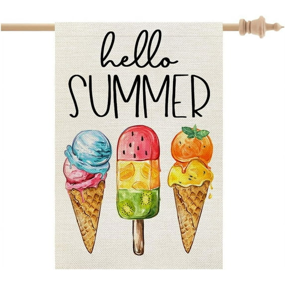 Hello Summer House Flag 28 x 40 Inch, Ice Cream Popsicle Double Sided Decorative Flag for Outside Yard Lawn Outdoor Decoration GB042-40