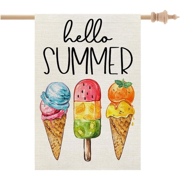 Hello Summer House Flag 28 x 40 Inch, Ice Cream Popsicle Double Sided Decorative Flag for Outside Yard Lawn Outdoor Decoration GB042-40