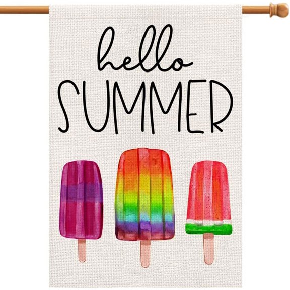 Hello Summer Ice Cream House Flag Double Sided Burlap 28x40 Inch Seasonal Sign, Adds a Large Festive Accent to Your Outdoor Space, DF26928
