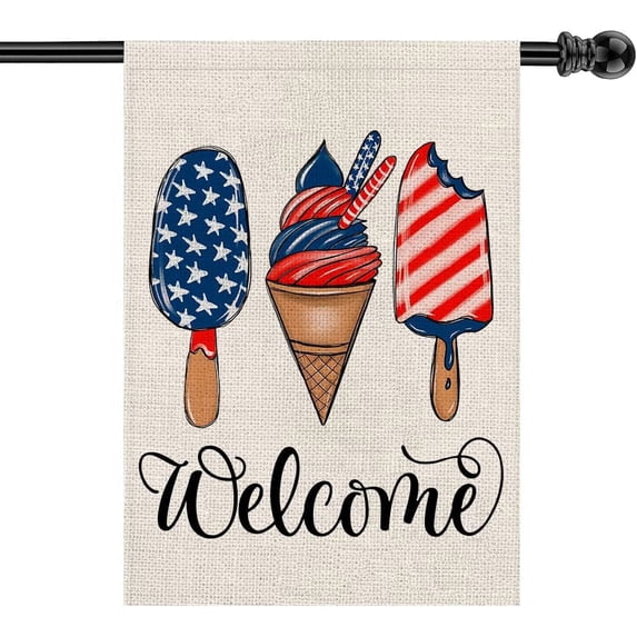 Hello Summer Ice Cream House Flag Vertical Double Sided Star Blue Red Popsicles, Seasonal Rustic Yard Outdoor Decoration 28x40 Inch