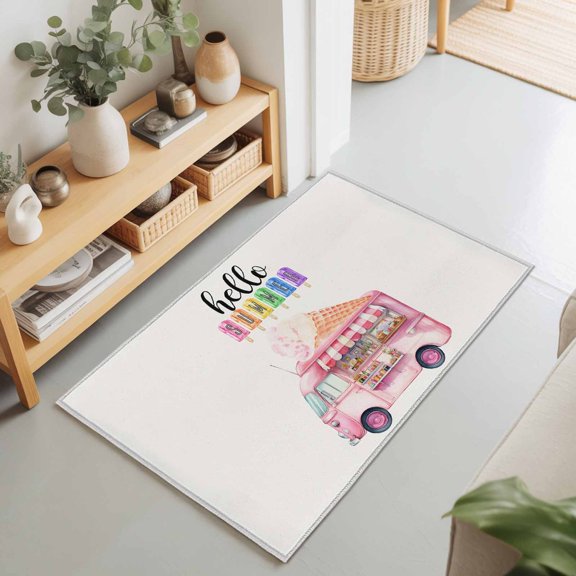 Hello Summer Ice Lolly Truck Rectangle Area Rug 2x3ft,Living Room Rug Non-Slip Washable Circle Rugs Pad,Watercolor Sweet Dessert Soft Floor Carpet for Bedroom Dining Room