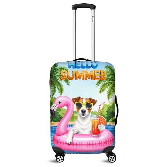 Hello Summer Jack Russell Terrier at Swimming Pool Flamingo Swim Ring Travel Luggage Cover Parson Jack Dog Lover Suitcase Dust Protective Decor - 12009