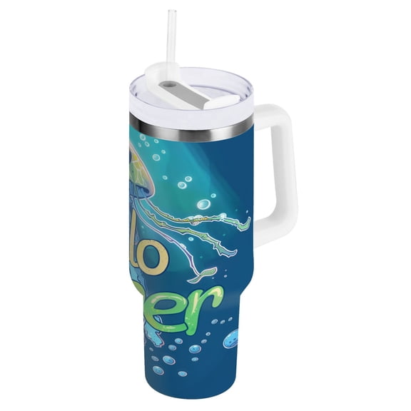 Hello Summer Jellyfish Tumbler with Handle and Straw Lid 40 oz Insulated Vacuum Water Bottle Stainless Steel Travel Cup