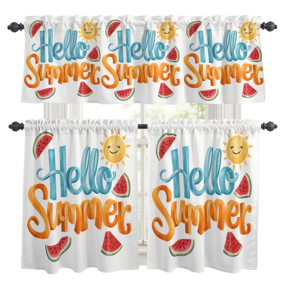 Hello Summer Kitchen Curtains Set for Windows, Sun Watermelon Curtains Valance and Tier 3 Piece Set Small Drapes 36 Inch Length for Kitchen Bedroom Decor