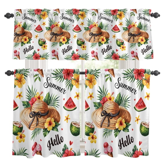 Hello Summer Kitchen Curtains Set for Windows, Tropical Plants Watermelon Straw Hat Curtains Valance and Tier 3 Piece Set Small Drapes 24 Inch Length for Kitchen Bedroom Decor