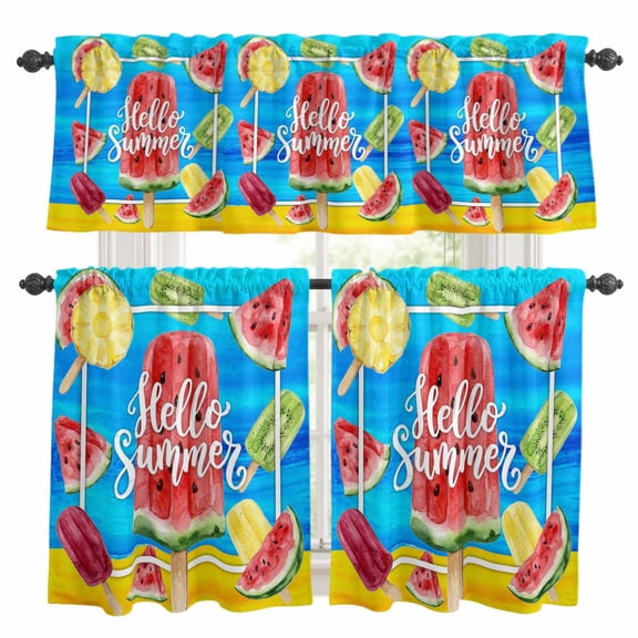 Hello Summer Kitchen Curtains Set for Windows, Watercolor Watermelon Fruit Ice Cream Modern Curtains Valance and Tier 3 Piece Set Small Drapes 36 Inch Length for Kitchen Bedroom Decor