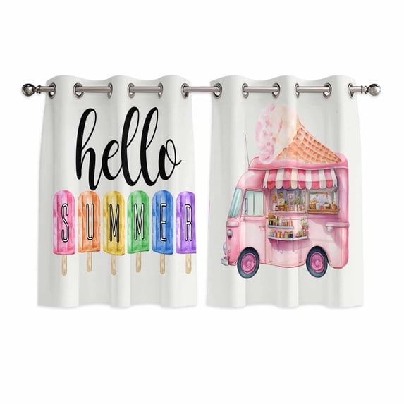 Hello Summer Kitchen Curtains Short 54 Inch Length, Pink Ice Cream Truck Watercolor Grommet Top Bedroom Living Room Curtains, Light Filtering Cafe Curtain Drapes 2 Panels Set 84''x54''