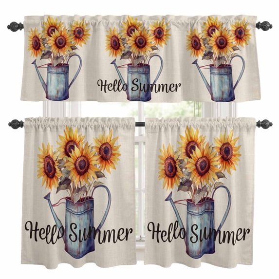 Hello Summer Kitchen Curtains Valances and Tiers Set of 3 Vintage Sunflower Floral Linen Texture Tier Curtains and Valance with Rod Pocket for Small Windows, 27.5"x24"